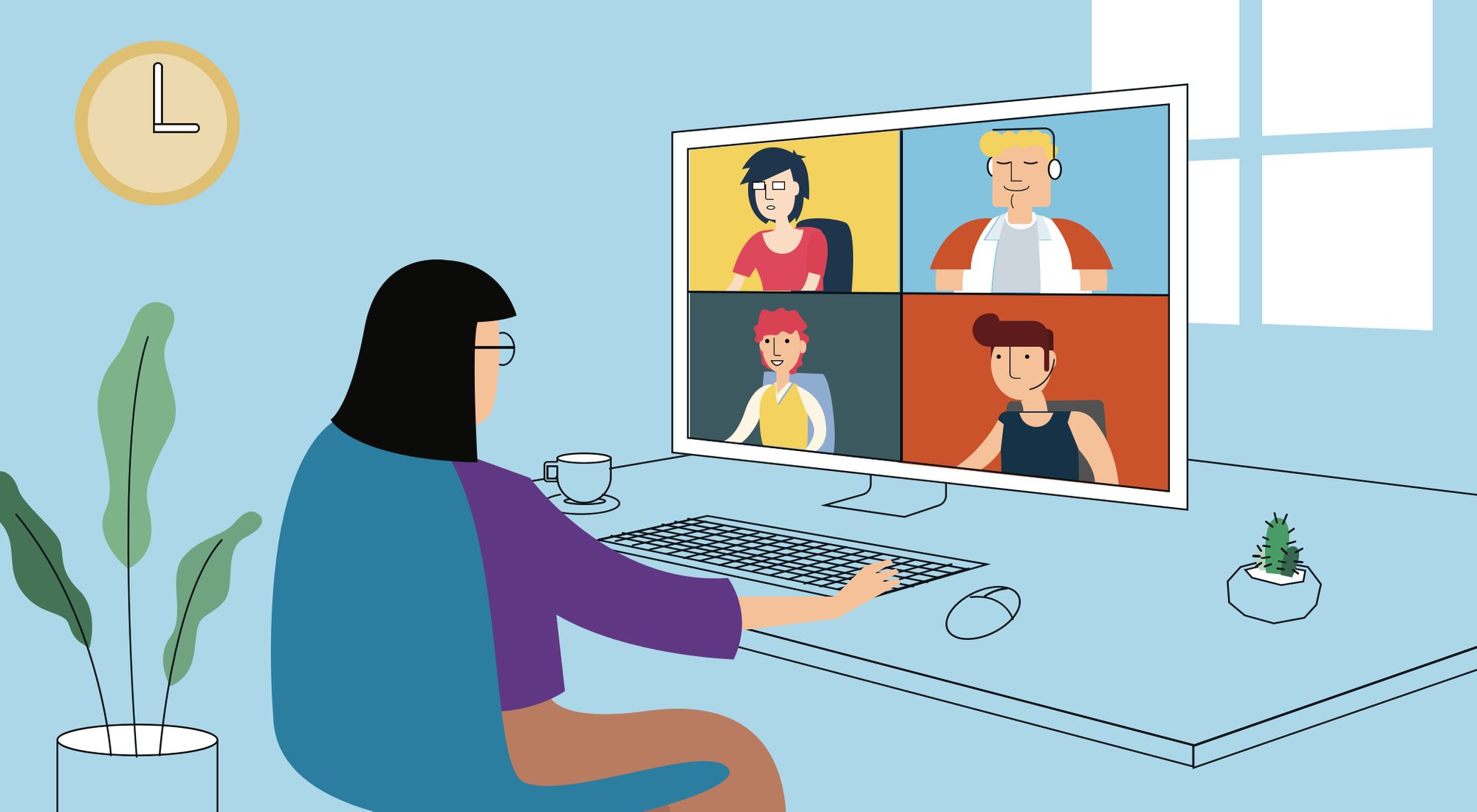 Ilustração de uma mulher em uma vídeo chamada enquanto trabalha em casa